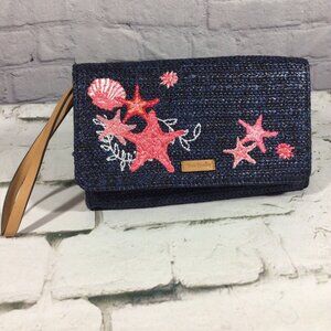 Vera Bradley Straw Wristlet Clutch Navy Blue Pink Star Fish Tropical Embroidered